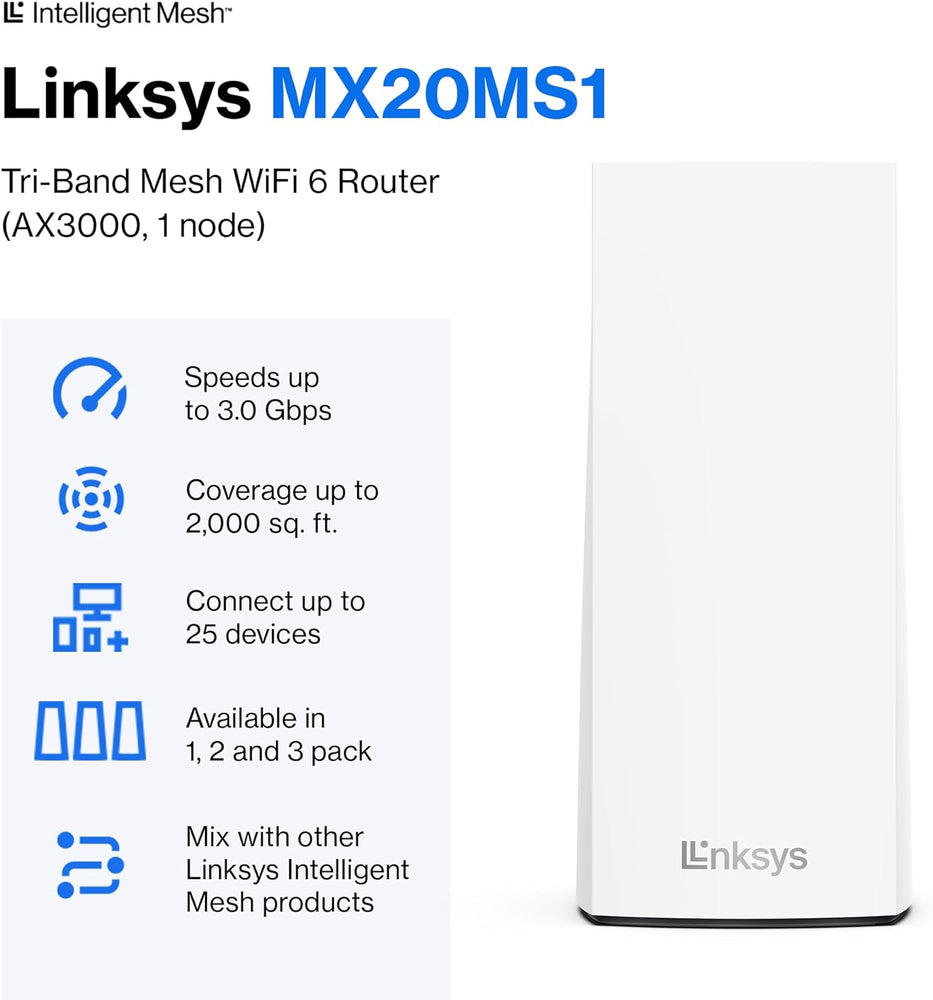 Linksys Atlas WiFi 6 Router Home WiFi Mesh System, Dual-Band, 2,000 Sq. ft Coverage, 25+ Devices, Speeds up to (AX3000) 3.0Gbps - MX2000 1-Pack Linksys Atlas WiFi 6 Router Home WiFi Mesh System, Dual-Band, 2,000 Sq. ft Coverage, 25+ Devices, Speeds up to (AX3000) 3.0Gbps - MX2000 1-Pack