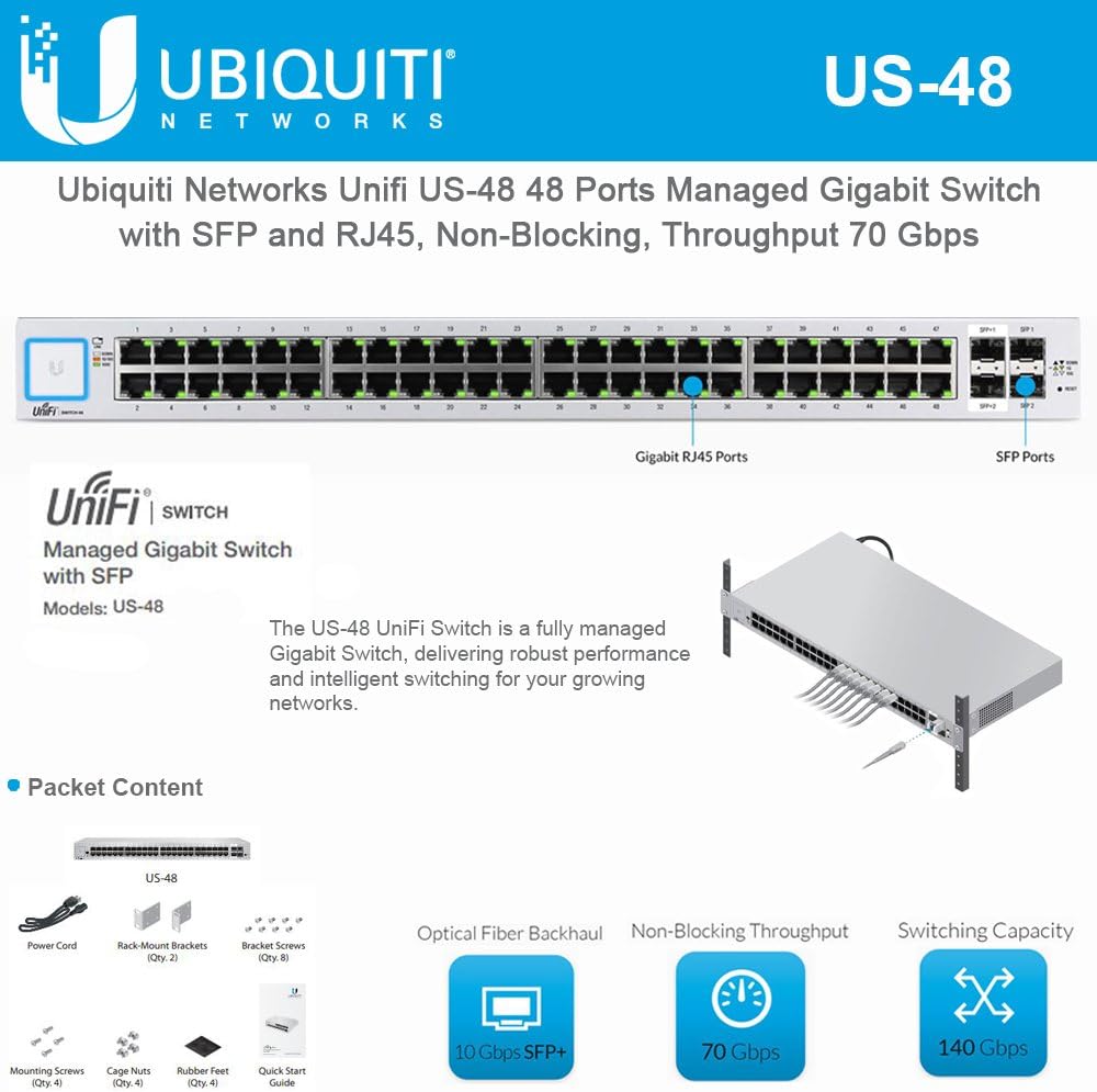 Ubiquiti Network Unifi US-48 48 Ports Managed Gigabit Switch with SFP and RJ45, Non-Blocking, Throughput 70 Gbps Ubiquiti Network Unifi US-48 48 Ports Managed Gigabit Switch with SFP and RJ45, Non-Blocking, Throughput 70 Gbps