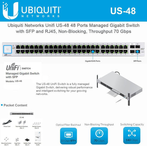 Ubiquiti Network Unifi US-48 48 Ports Managed Gigabit Switch with SFP and RJ45, Non-Blocking, Throughput 70 Gbps