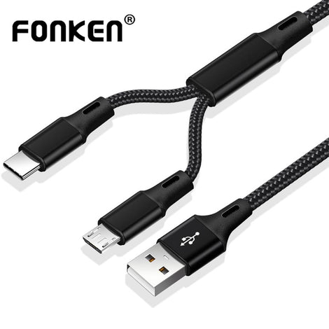 FONKEN 2 in 1 Micro USB Cable Type C Cables Fast Charge Charger Cable Tablet Phone Charge Cord 2in1 Nylon Braided Android Wires