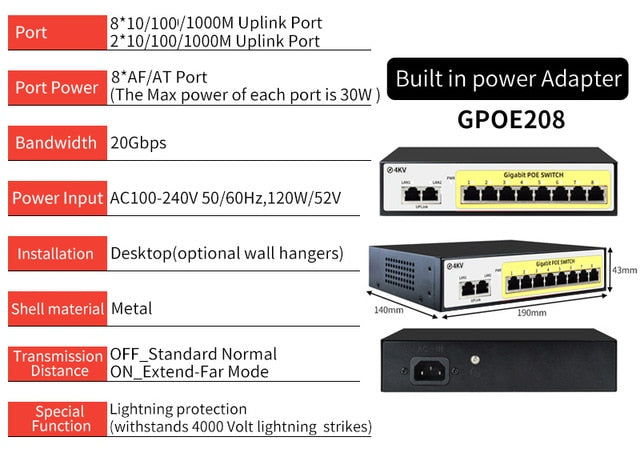 SZSSCEE Gigabit 10 port  Poe Switch support Ieee802.3af/at Ip cameras and Wireless AP 10/100/1000Mbps standard network switch SZSSCEE Gigabit 10 port  Poe Switch support Ieee802.3af/at Ip cameras and Wireless AP 10/100/1000Mbps standard network switch