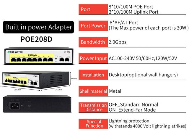 SZSSCEE Gigabit 10 port  Poe Switch support Ieee802.3af/at Ip cameras and Wireless AP 10/100/1000Mbps standard network switch SZSSCEE Gigabit 10 port  Poe Switch support Ieee802.3af/at Ip cameras and Wireless AP 10/100/1000Mbps standard network switch