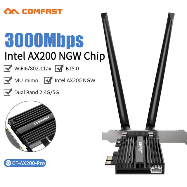 3000Mbps Dual Band Wireless Desktop PCIe For Intel AX200 Pro Card 802.11ax 2.4G/5Ghz Bluetooth 5.1 PCI Express WiFi 6 Adapter 3000Mbps Dual Band Wireless Desktop PCIe For Intel AX200 Pro Card 802.11ax 2.4G/5Ghz Bluetooth 5.1 PCI Express WiFi 6 Adapter
