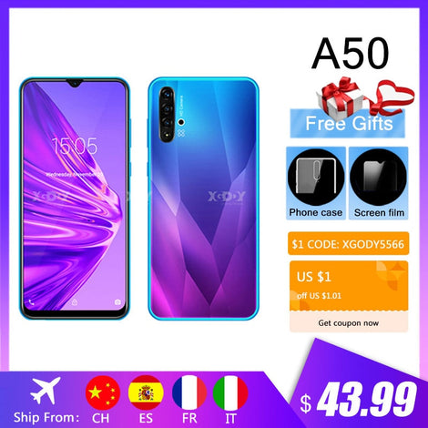 XGODY A50 3G Smartphone 6.5" 19:9 Android 9.0 1GB RAM 4GB ROM 5MP Camera Quad Core Dual SIM Unlock WiFi Mobile Phones CellPhone