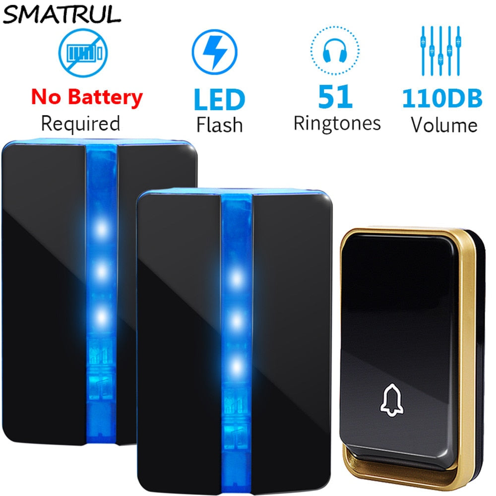 SMATRUL Self Powered Wireless Doorbell Door Bell Ring Call NO Battery US Plug Home Waterproof 150M Range 1 Button 1 2 Receiver SMATRUL Self Powered Wireless Doorbell Door Bell Ring Call NO Battery US Plug Home Waterproof 150M Range 1 Button 1 2 Receiver