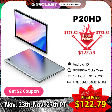 Teclast P20HD 10.1" Android 10 Tablet 1920x1200 SC9863A Octa Core 4GB RAM 64GB ROM 4G Network AI Speed-up Tablets PC Dual Wifi