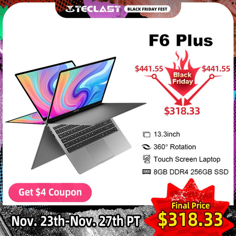 Teclast Newest Laptops F6 Plus 13.3 inch Notebook Gemini Lake 8GB LPDDR4 256GB SSD Windows 10 Laptop 360° Rotation Touch Tablet
