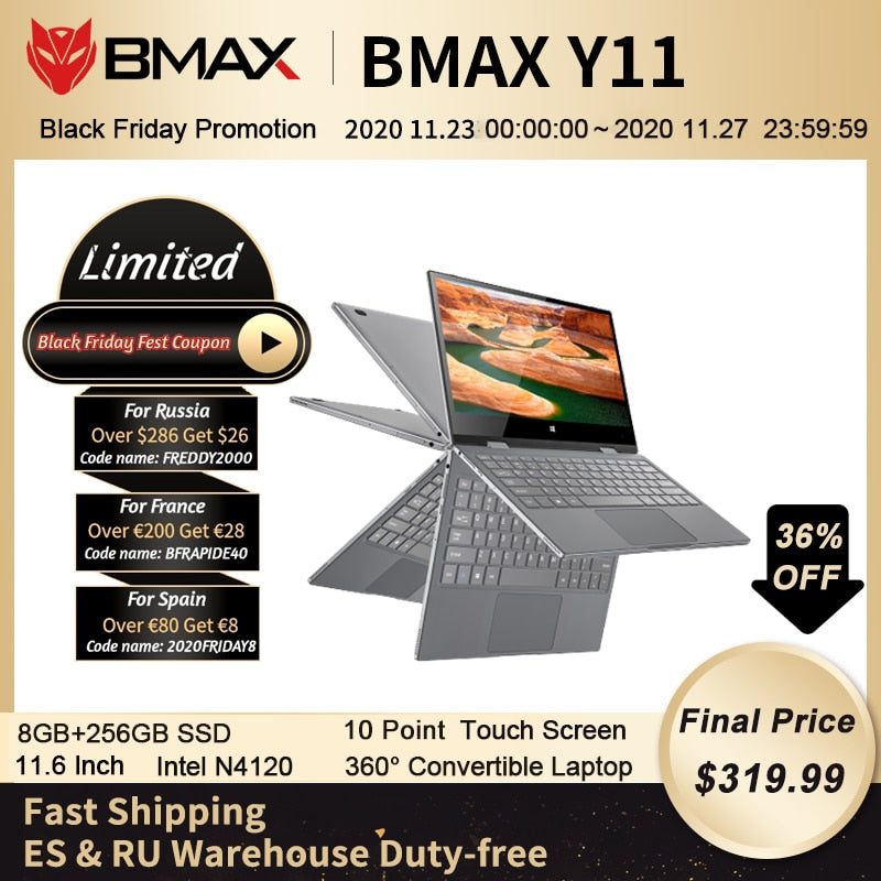 BMAX Y11 Laptop 11.6 Inch Quad Core N4120 1920*1080 IPS Screen 8GB LPDDR4 RAM 256GB SSD ROM Notebook Windows10  System BMAX Y11 Laptop 11.6 Inch Quad Core N4120 1920*1080 IPS Screen 8GB LPDDR4 RAM 256GB SSD ROM Notebook Windows10  System