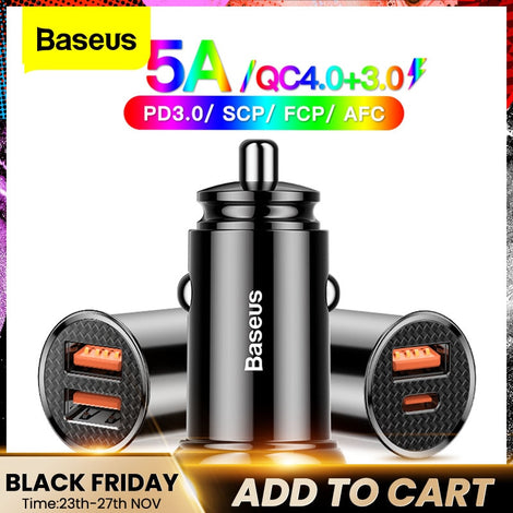 Baseus USB Car Charger Quick Charge 4.0 3.0 QC4.0 QC3.0 QC SCP 5A Type C 30W Fast Car USB Charger For iPhone Xiaomi Mobile Phone