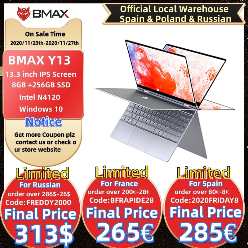 BMAX Y13 Laptop Intel N4120 13.3inch Quad Core  1920*1080 IPS Screen 8GB LPDDR4 RAM 256GB SSD Notebook windows10 BMAX Y13 Laptop Intel N4120 13.3inch Quad Core  1920*1080 IPS Screen 8GB LPDDR4 RAM 256GB SSD Notebook windows10