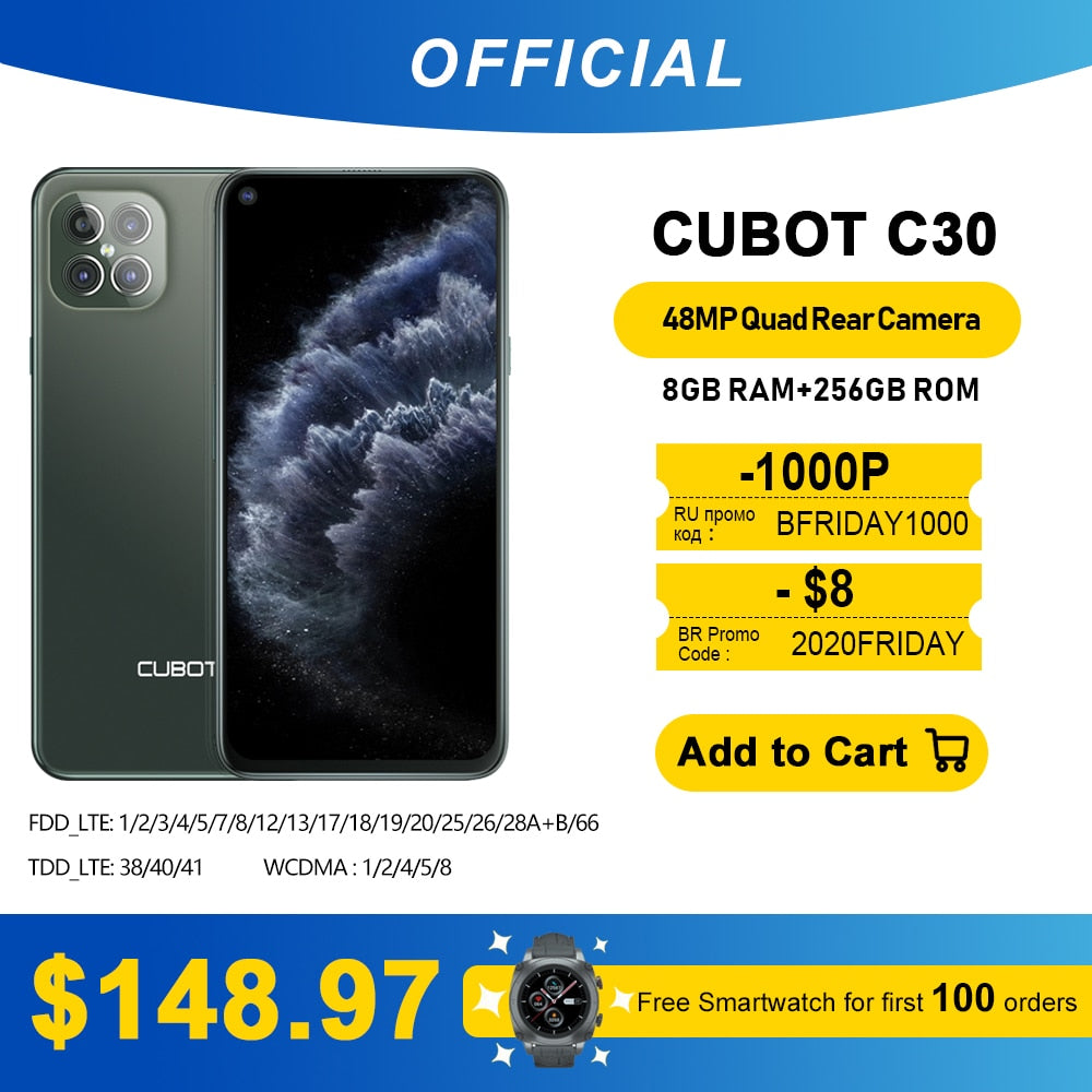 Cubot C30 48MP Quad AI Camera 8GB+256GB 32MP Selfie Smartphone Global 4G LTE Helio P60 NFC 6.4 Inch FHD+ 4200mAh Android 10 Cubot C30 48MP Quad AI Camera 8GB+256GB 32MP Selfie Smartphone Global 4G LTE Helio P60 NFC 6.4 Inch FHD+ 4200mAh Android 10
