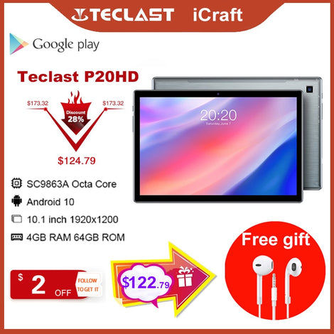Tablet P20HD 10.1inch Octa Core 4G Phone Call Android10 1920×1200 4GB RAM 64GB ROM Type-C AI-speed-up 6000mAh tablet PC Teclast