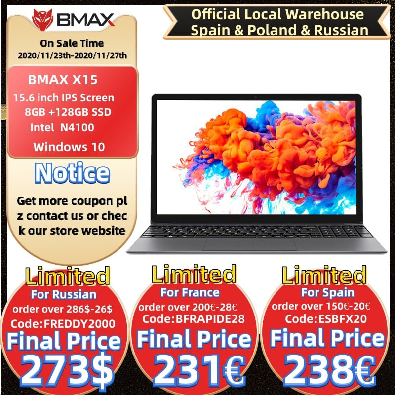 BMAX X15 Laptop 15.6 inch Intel Gemini Lake N4100 Intel UHD Graphics 600 8GB LPDDR4 RAM 128GB SSD ROM Notebook X15 BMAX X15 Laptop 15.6 inch Intel Gemini Lake N4100 Intel UHD Graphics 600 8GB LPDDR4 RAM 128GB SSD ROM Notebook X15