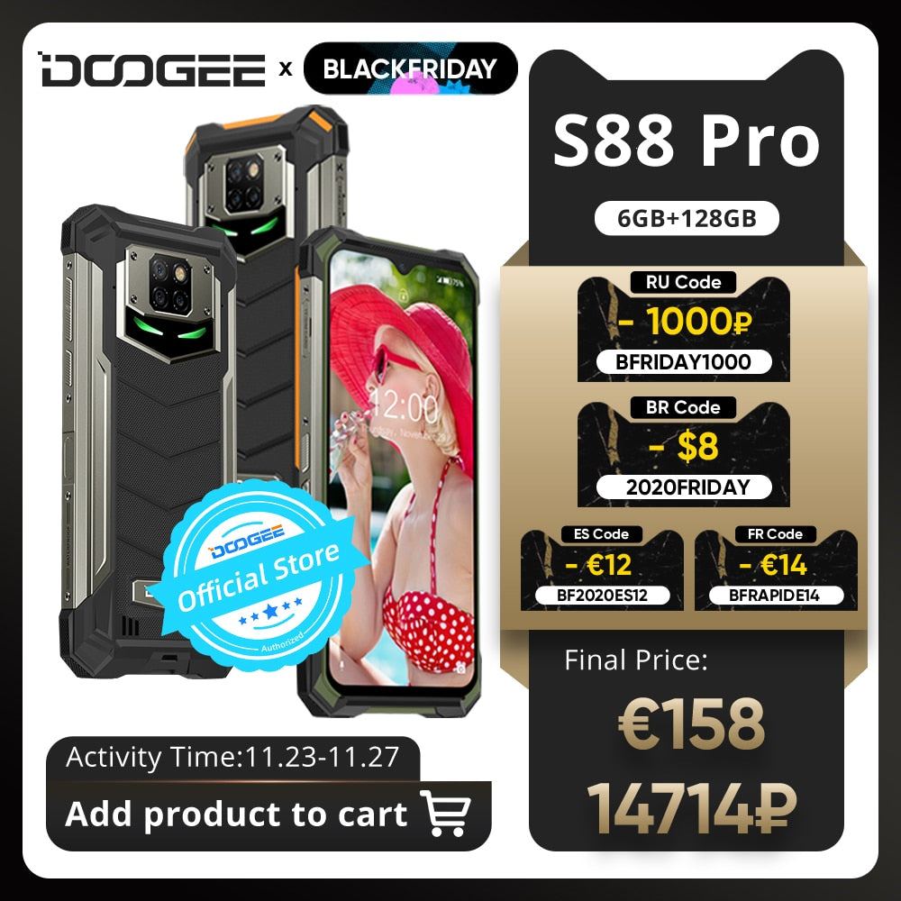 IP68/IP69K DOOGEE S88 Pro Rugged Mobile Phone 10000mAh telephones Helio P70 Octa Core 6GB RAM 128GB ROM smartphone Android 10 OS IP68/IP69K DOOGEE S88 Pro Rugged Mobile Phone 10000mAh telephones Helio P70 Octa Core 6GB RAM 128GB ROM smartphone Android 10 OS