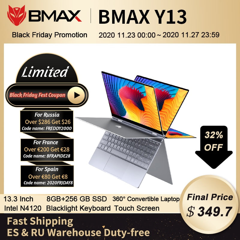 BMAX Y13  Notebook Computer 13.3 Inch 8GB RAM 256GB SSD Intel N4120 Laptops Window 10 1920×1020 Display with Blutooth Wifi BMAX Y13  Notebook Computer 13.3 Inch 8GB RAM 256GB SSD Intel N4120 Laptops Window 10 1920×1020 Display with Blutooth Wifi