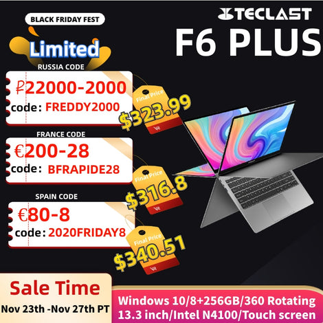 Teclast F6 Plus Laptop Intel Gemini Lake N4100 Windows10 Quad Core 8GB RAM 256GB SSD 360 Rotating Touch Screen 13.3" Notebook PC