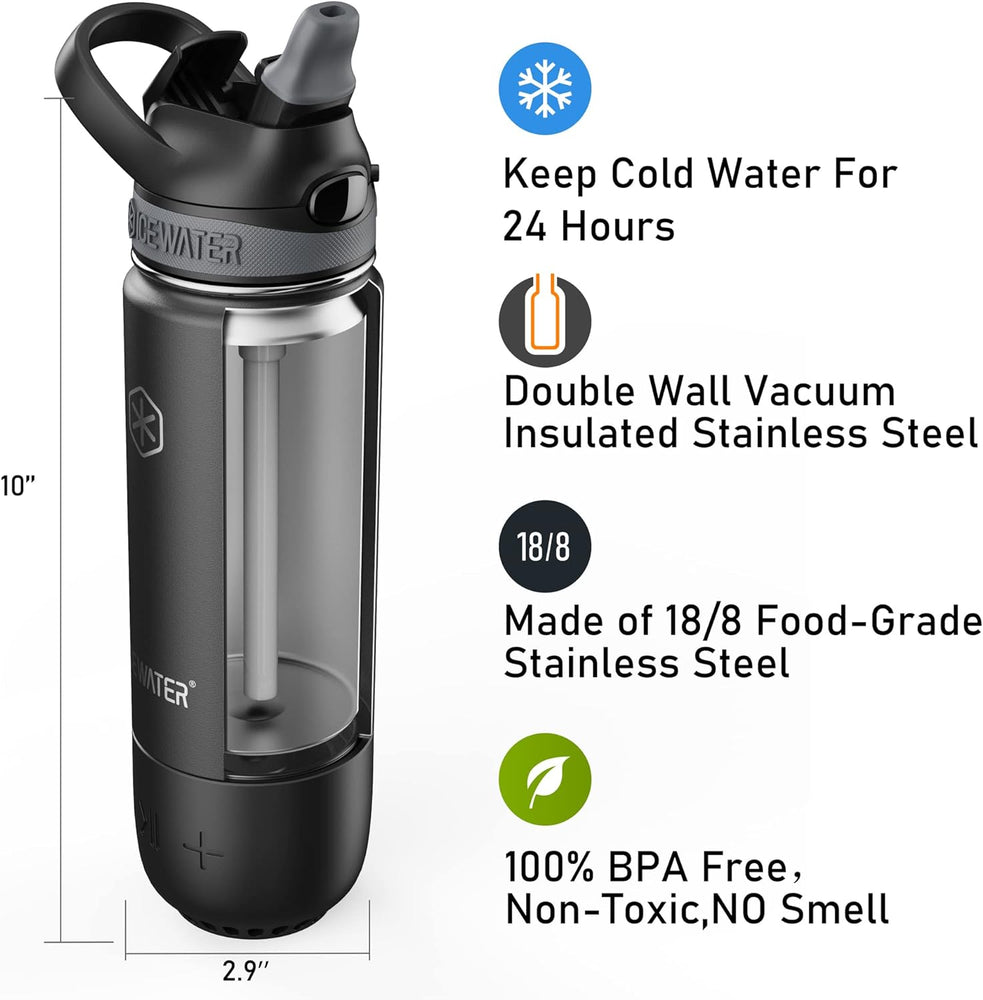 ICEWATER 3-in-1 Smart Water Bottle, Glows to Remind You to Keep Hydrated, Bluetooth Speaker & Dancing Lights, Plastic Water Bottle With Chug Lid, Great Christmas Gift (20 oz, Black)