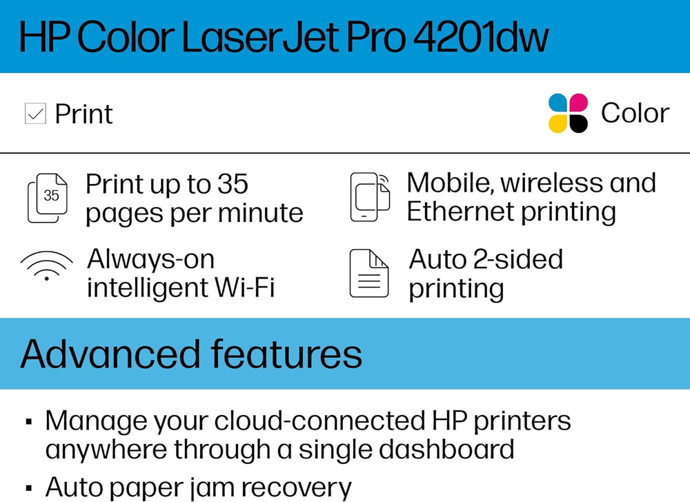 HP Color LaserJet Pro 4201dw Wireless Printer, Print, Fast speeds, Easy setup, Mobile printing, Advanced security, Best-for-small teams, Works with Alexa
