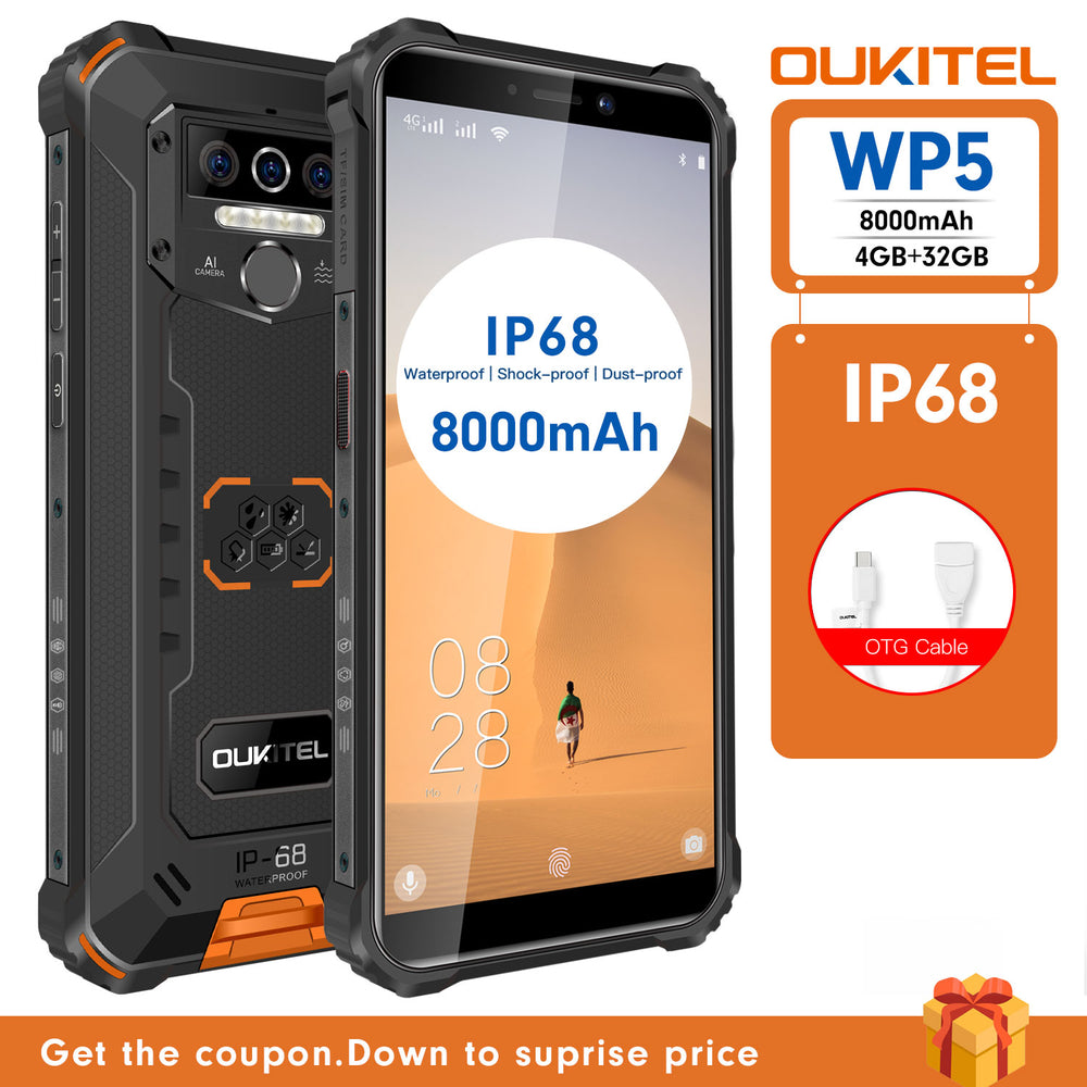 OUKITEL WP5 IP68 Waterproof Smartphone 8000mAh Android 9.0 Triple Camera Face/Fingerprint ID 5.5 inches 4GB 32GB Mobile Phones