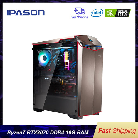 IPASON Gaming PC AMD 8-Core R7 2700 RTX2070 8G DDR4 16G RAM 256G  SSD water-cooled game Desktop computers assembly Gaming PC