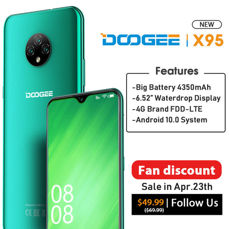 DOOGEE X95 Android 10 4G-LTE Cellphones 6.52" Display MTK6737 16GB ROM Dual SIM 13MP Triple Camera 4350mAh Battery