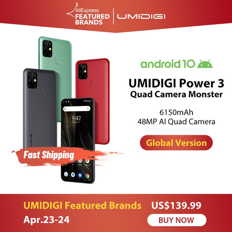 UMIDIGI Power 3 48MP Quad AI Camera 6150mAh Android 10 6.53" FHD+ 4GB64GB NFC Mobile Phone Triple Slots 10W FastReverse Charging