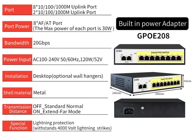 SZSSCEE Gigabit 10 port  Poe Switch support Ieee802.3af/at Ip cameras and Wireless AP 10/100/1000Mbps standard network switch
