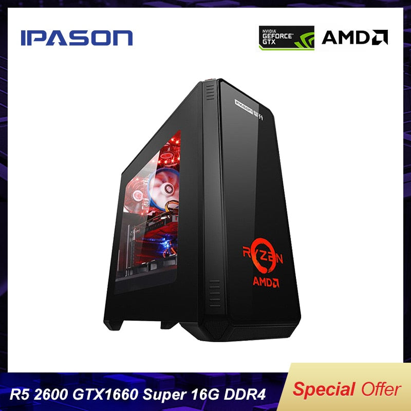 IPASON Gaming Computer R5 2600/New Gen GTX1660SUPER Compared with 1660TI High Performance Vedio Card/D4 16G RAM/256G NVME M.2