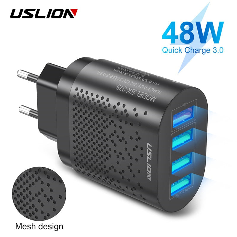 USLION EU/US Plug USB Charger 3A Quik Charge 3.0 Mobile Phone Charger For iPhone 11 Samsung Xiaomi 4 Port 48W Fast Wall Chargers