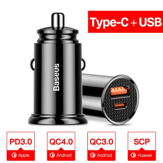 Baseus USB Car Charger Quick Charge 4.0 3.0 QC4.0 QC3.0 QC SCP 5A Type C 30W Fast Car USB Charger For iPhone Xiaomi Mobile Phone