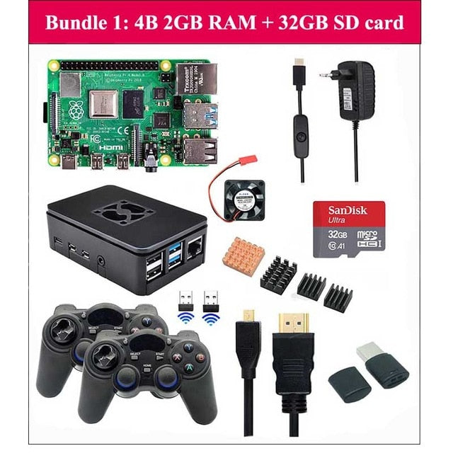 Raspberry Pi 4 Model B Game Kit 8GB + 2.4Ghz Wireless Gamepads + 64G 32G SD Card + Case + Switch Power Supply + Fan + HDMI Cable