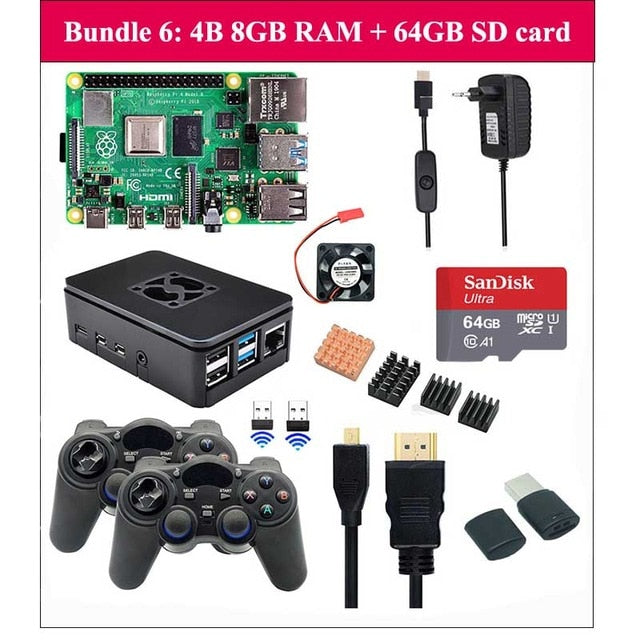 Raspberry Pi 4 Model B Game Kit 8GB + 2.4Ghz Wireless Gamepads + 64G 32G SD Card + Case + Switch Power Supply + Fan + HDMI Cable