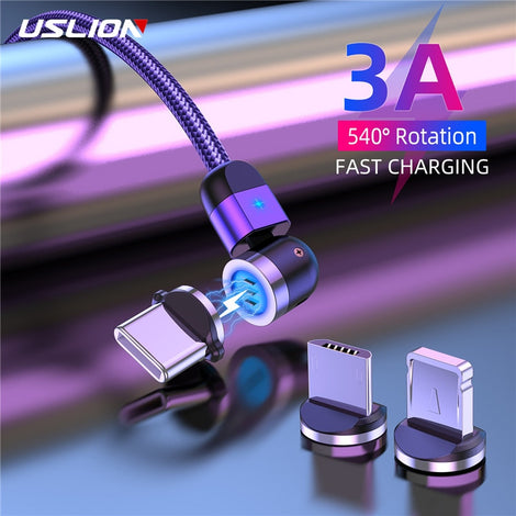 USLION 3A Magnetic Micro USB Type C Cable Phone Accessories Charging For iPhone 7 8 Plus Xr 11 Xiaomi Redmi Charger 540 Rotation