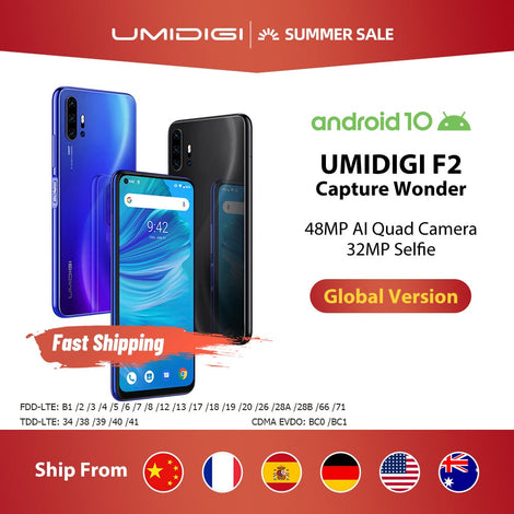 UMIDIGI F2 Android 10 Global Bands 6.53"FHD+6GB 128GB 48MP AI Quad Camera 32MP Selfie Helio P70 Smartphone 5150mAh NFC