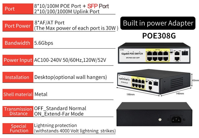 SZSSCEE Gigabit 10 port  Poe Switch support Ieee802.3af/at Ip cameras and Wireless AP 10/100/1000Mbps standard network switch