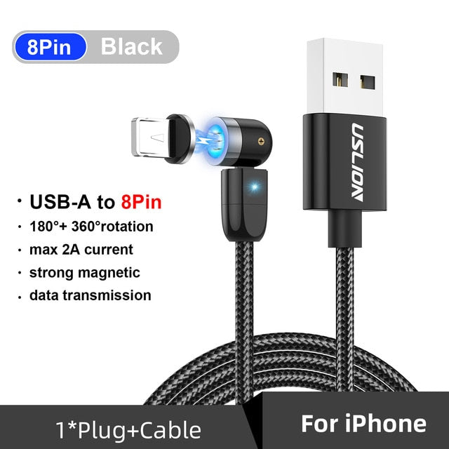 USLION 3A Magnetic Micro USB Type C Cable Phone Accessories Charging For iPhone 7 8 Plus Xr 11 Xiaomi Redmi Charger 540 Rotation