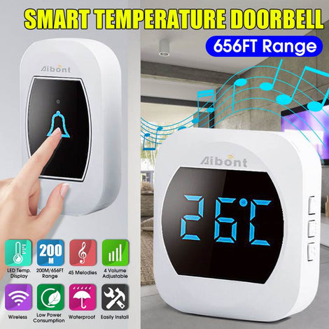 Home Security Wireless Doorbell Smart Chimes Alarm Doorbell 45 Songs with Waterproof Touch Button LED Temperature Display Screen
