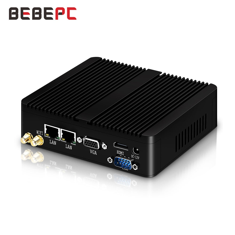 BEBEPC Mini PC Fanless Intel Celeron J1900 N2830 Dual LAN Windows 10 N2930 4 Core Mini Computer 2*COM WiFi HDMI VGA HTPC