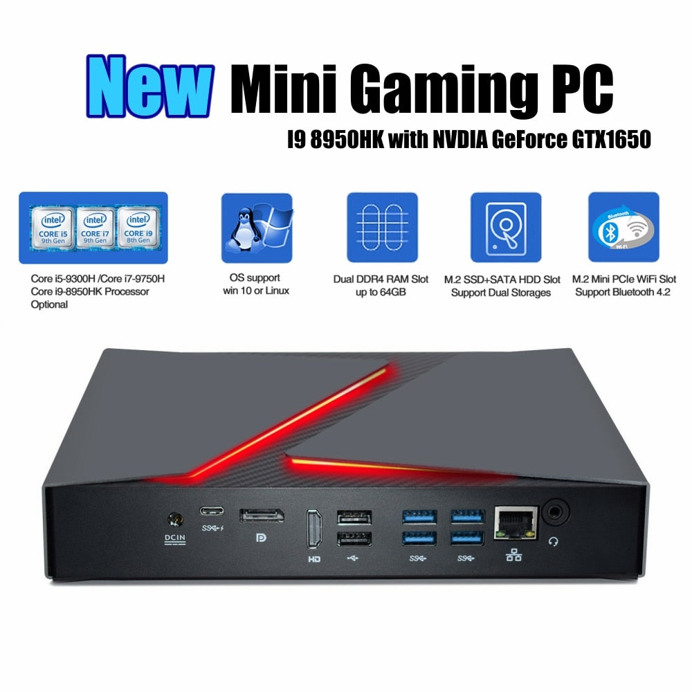 Mini Gaming PC Computer Intel i9 8950HK Gamer Computador 6 Core Windows 10 NVIDIA Graphic Card GTX1650 Fashion Design Wifi BT