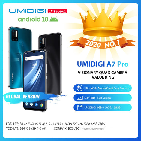In Stock UMIDIGI A7 Pro Quad Camera Android 10 OS 6.3" FHD+ Full Screen 64GB/128GB ROM LPDDR4X Octa Core Global Version Phone