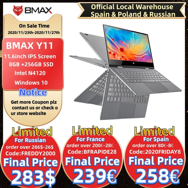 BMAX Y11 Laptop 11.6 Inch Quad Core Intel N4120 1920*1080 IPS Screen 8GB LPDDR4 RAM 256GB SSD ROM Notebook Windows10