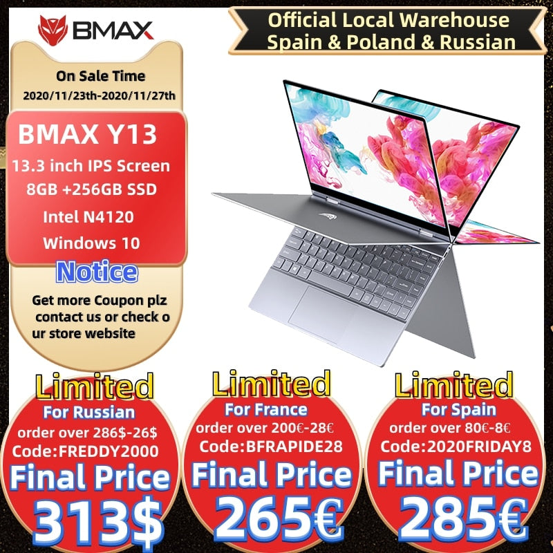 BMAX Y13 360° Laptop 13.3 inch Notebook Windows 10  8GB LPDDR4 256GB SSD 1920*1080 IPS Intel N4120 touch screen laptops