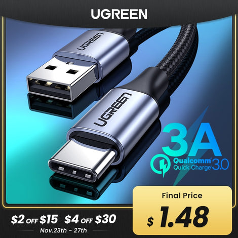 Ugreen USB Type C Cable for Samsung S10 S9 3A Fast USB Charging Type-C Charger Data Cable for Redmi note 8 pro USB-C Cabo Wire