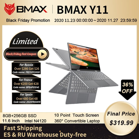 BMAX Y11 Laptop 11.6 Inch Quad Core N4120 1920*1080 IPS Screen 8GB LPDDR4 RAM 256GB SSD ROM Notebook Windows10  System