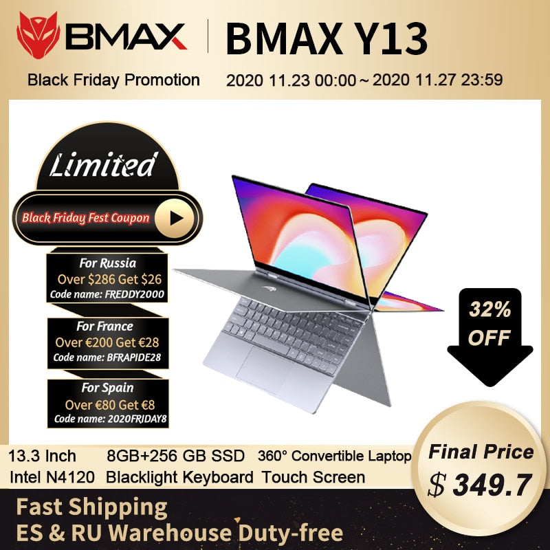 Bmax Y13 Laptop 360° Rotating 13.3 inch Windows 10 8GB RAM 256GB SSD 1920*1080 IPS touch screen Intel Celeron N4120 notebook