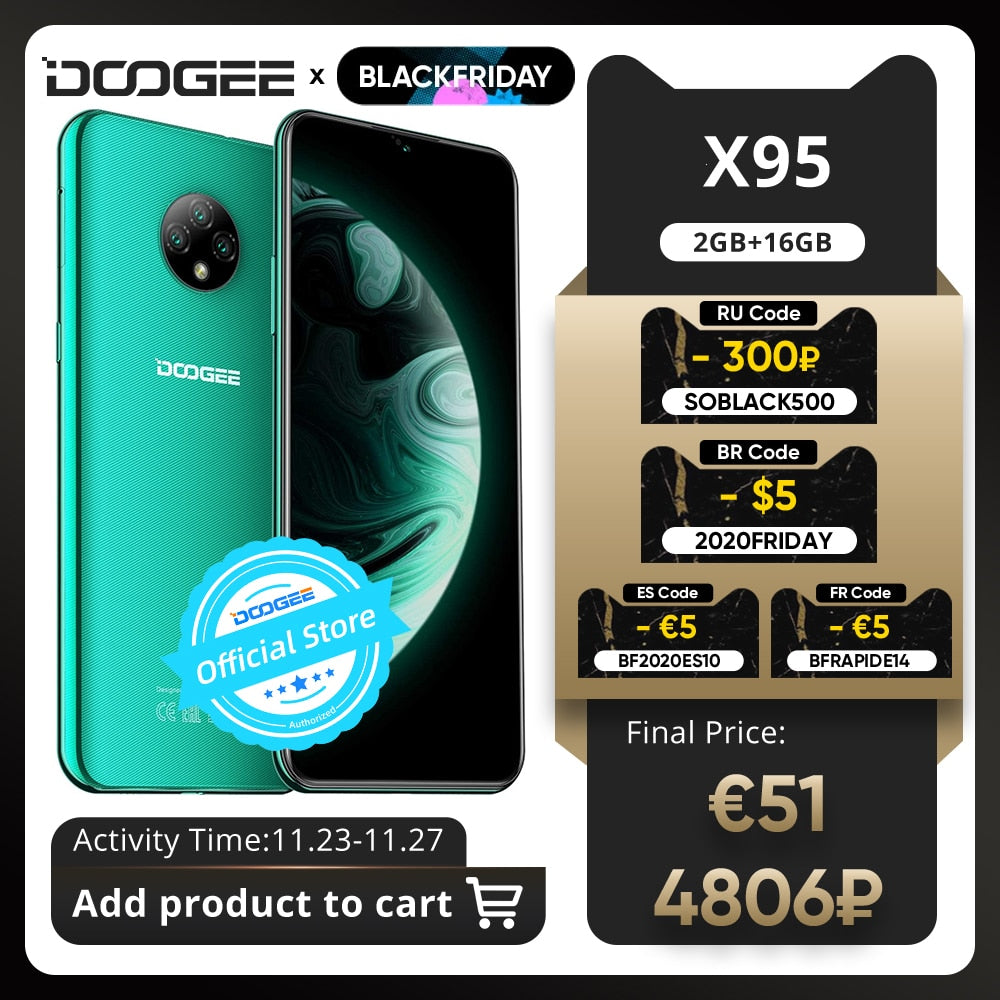 DOOGEE X95 Cellphones 6.52''MTK6737 16GB ROM Dual SIM 13MP Triple Camera 4350mAh SmartPhones Mobile Phone Android 10 OS 4G-LTE