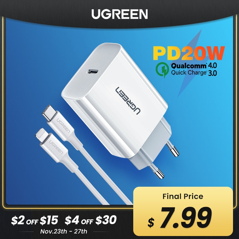 Ugreen Quick Charge 4.0 3.0 QC PD Charger 20W QC4.0 QC3.0 USB Type C Fast Charger for iPhone 12 X Xs 8 Xiaomi Phone PD Charger