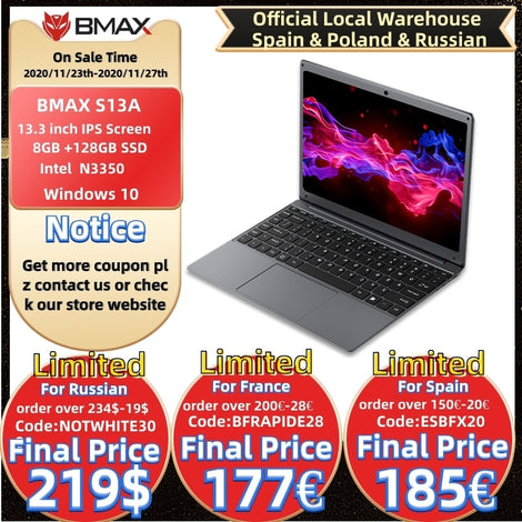 Newest Laptop BMAX S13A 13.3" Intel Pentium Silver N3350 1920x1080 IPS Notebook 8GB RAM 128GB ROM Laptops Windows 10 Computer13P