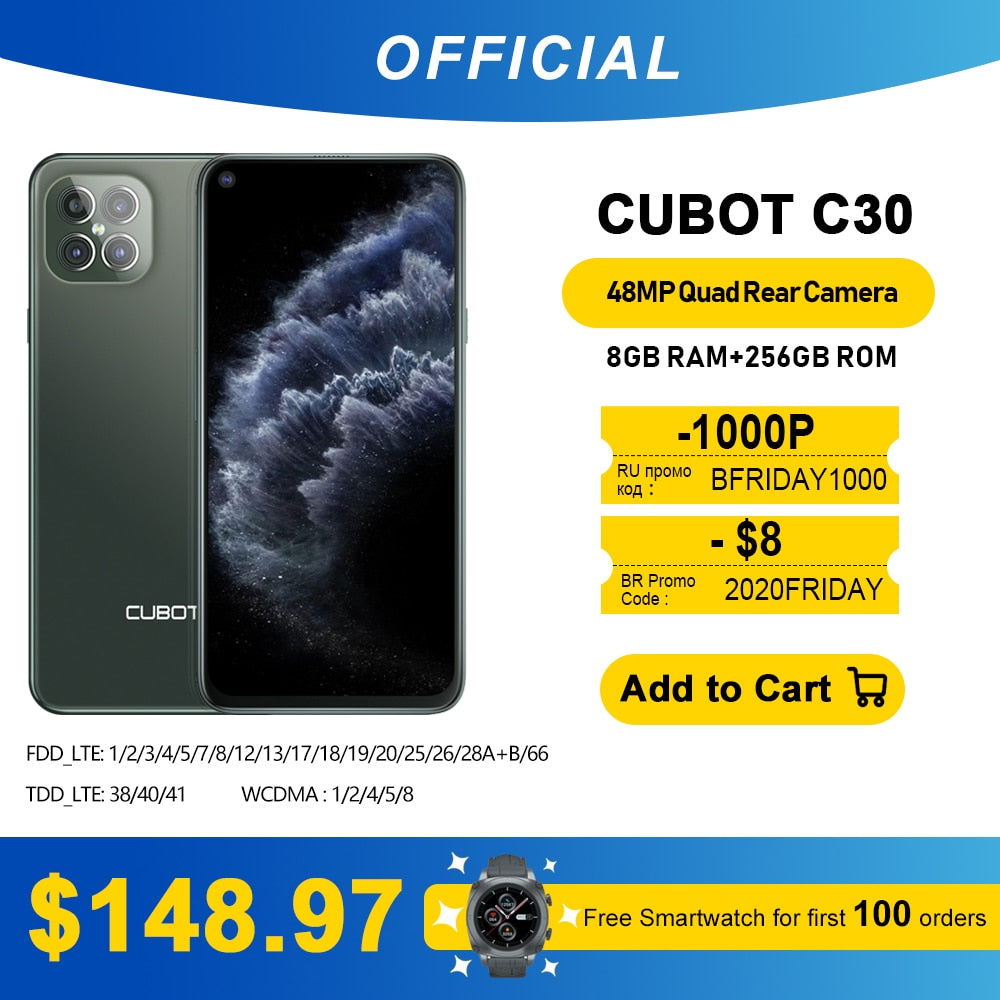 Cubot C30 48MP Quad AI Camera 8GB+256GB 32MP Selfie Smartphone Global 4G LTE Helio P60 NFC 6.4 Inch FHD+ 4200mAh Android 10