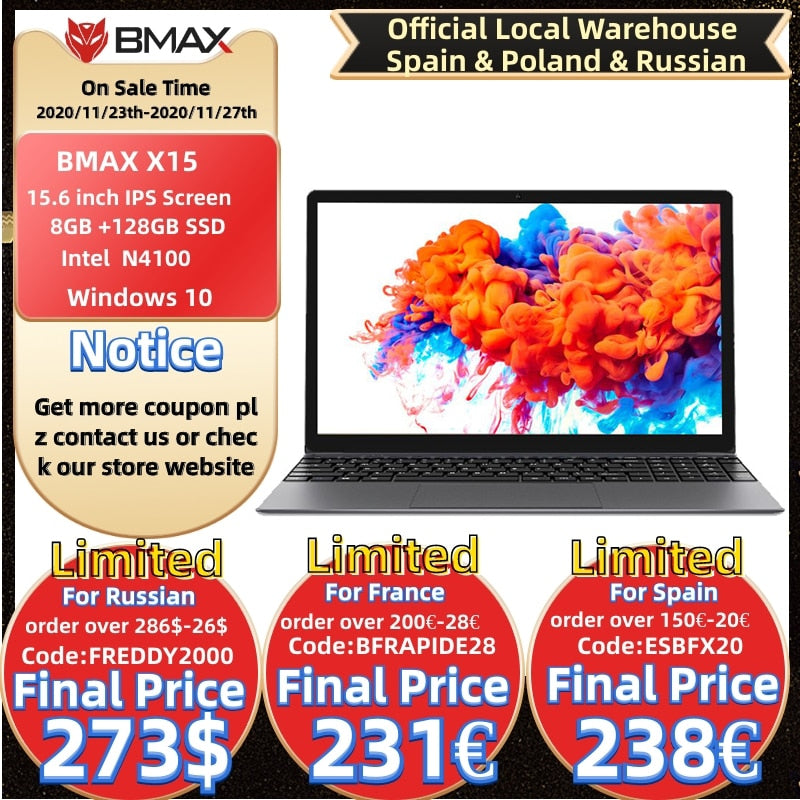 BMAX X15 Laptop 15.6 inch Intel Gemini Lake N4100 Intel UHD Graphics 600 8GB LPDDR4 RAM 128GB SSD ROM Notebook X15